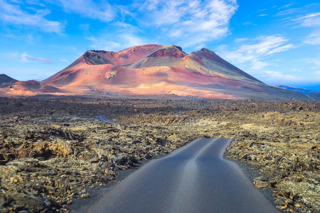 View of the lunar landscape and volcano at Timanfaya National Park in Lanzarote, Canary Islands